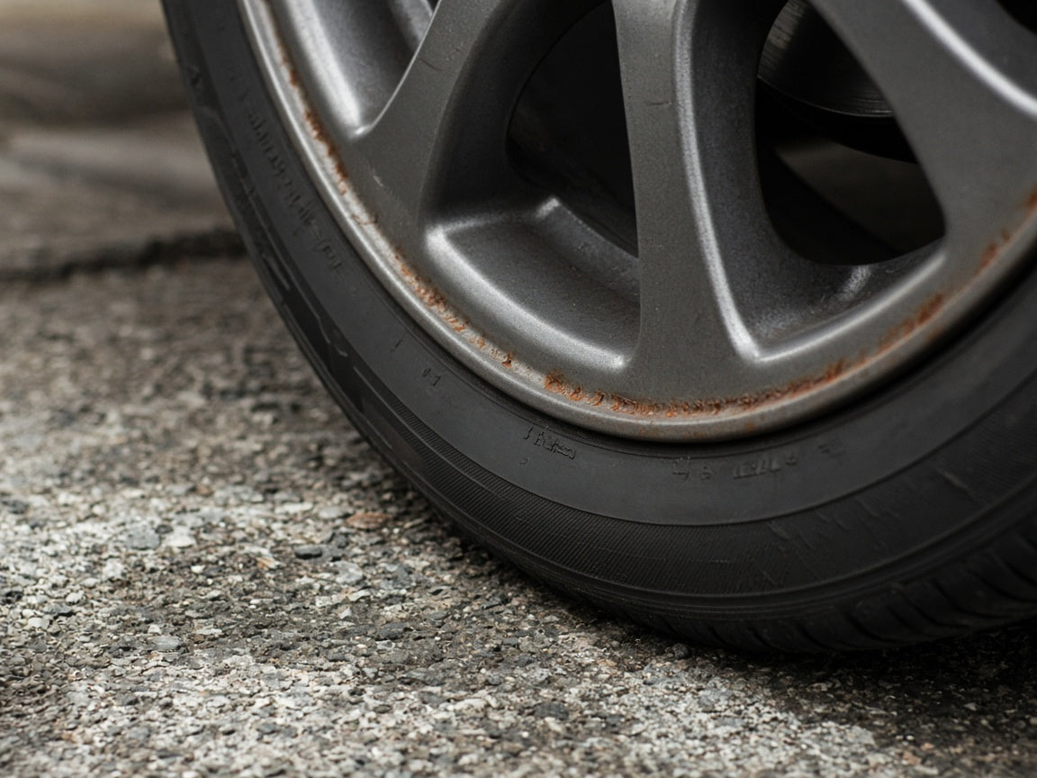 Wheel edge rust care on driveway